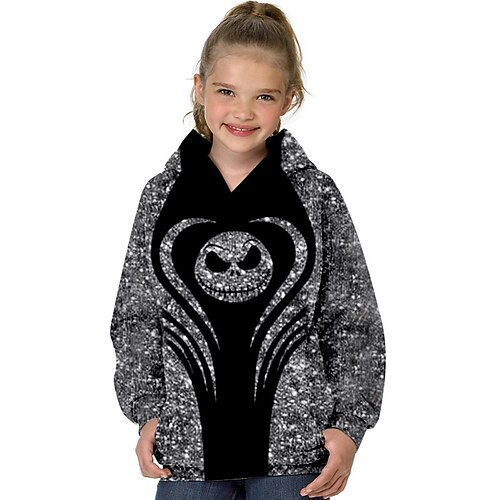 

The Nightmare Before Christmas Kids Girls' Ugly Hoodie Skull Outdoor 3D Print Long Sleeve Pocket Fashion 3-13 Years Winter Black