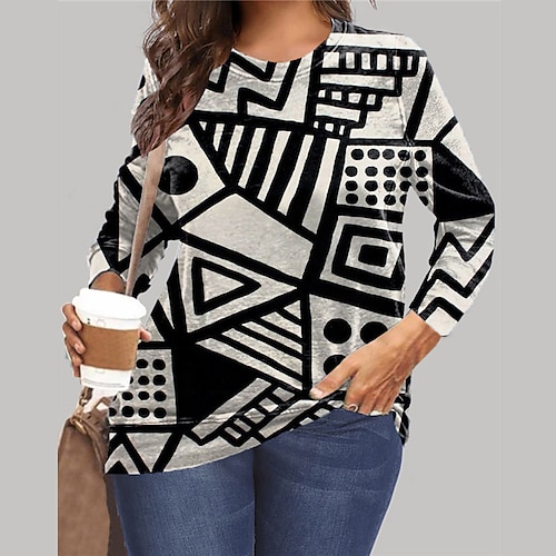 

Women's Plus Size Tops Pullover Sweatshirt Hoodie Sweatshirt Color Block Geometry Print Long Sleeve Crewneck Vintage Casual Daily Vacation Microfiber Fall Winter Blue White