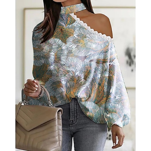 

Women's Shirt Blouse Blue Graphic Cut Out Lace Trims Long Sleeve Daily Weekend Streetwear Casual One Shoulder Regular S