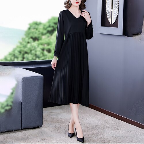 

Women's Midi Dress Black Long Sleeve Pure Color Pleated Winter Fall Autumn V Neck Mature Winter Dress Fall Dress Loose Fit 2022 M L XL 2XL 3XL 4XL 5XL