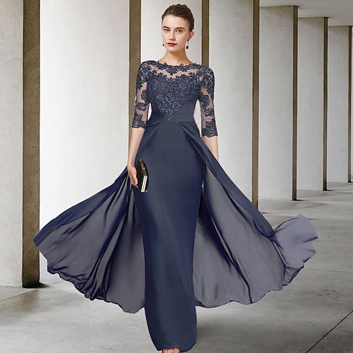 

Sheath / Column Mother of the Bride Dress Plus Size Elegant V Neck Jewel Neck Floor Length Chiffon Lace Half Sleeve with Ruched Appliques 2022