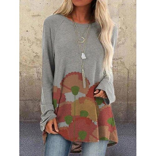 

Women's T shirt Tee Gray Graphic Print Long Sleeve Casual Daily Basic Round Neck Regular Floral S / 3D Print