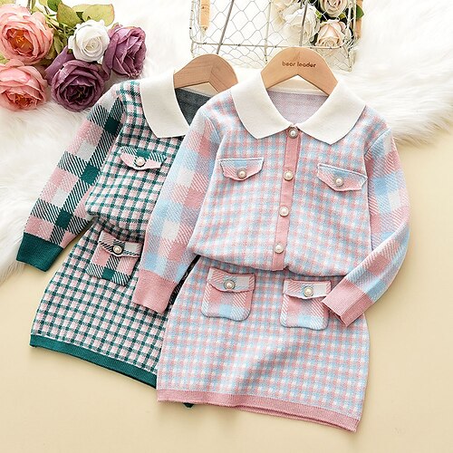 

Kids Toddler Girls' SkirtSet Clothing Set 2 Pieces Long Sleeve Green Blue Plaid Fashion Daily Regular 2-8 Years