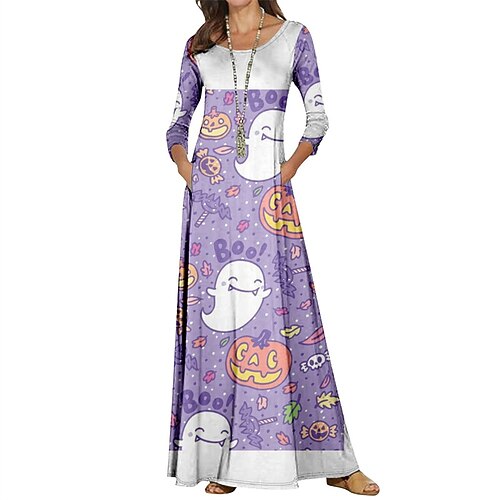 

Women's Shift Dress Print Dress Maxi long Dress Purple Long Sleeve Skull Pumpkin Ghost Print Fall Winter Crew Neck Vintage Stylish Halloween 2022 2XS XS S M L XL 2XL 3XL 4XL / Cotton