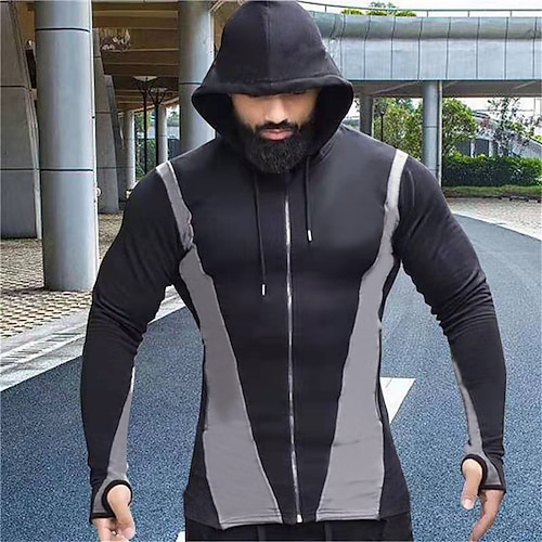 

Men's Running Jacket Hoodie Jacket Full Zip Long Sleeve Top Athletic Athleisure Winter Spandex Thermal Warm Windproof Breathable Running Walking Jogging Sportswear Activewear Color Block Red / black