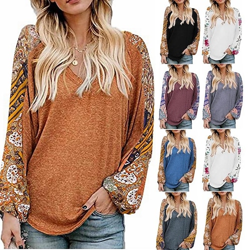 

Women's T shirt Tee Print Flower / Floral Basic V Neck Standard Fall