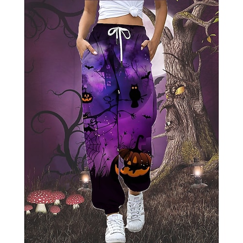 

Women's Sweatpants Jogging Pants Black Grey Deep Purple Black and White Hip Hop Athleisure Halloween Weekend Side Pockets Print Micro-elastic Full Length Comfort Skull S M L XL XXL