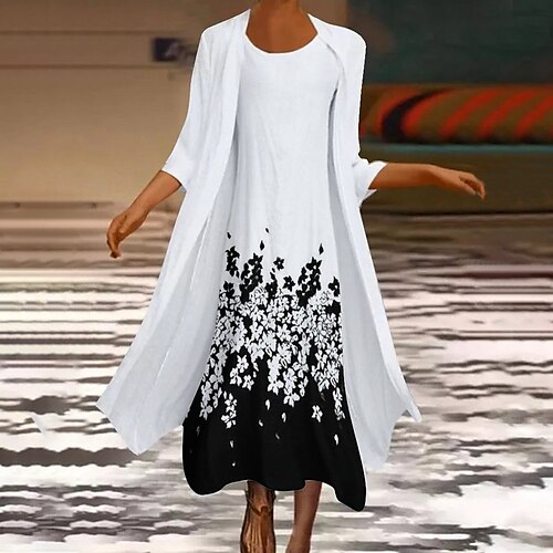 

Women's Dress Set Two Piece Dress Long Dress Maxi Dress Black And White Long Sleeve Color Block Print Winter Fall Crew Neck African Winter Dress Weekend Fall Dress Loose Fit 2022 S M L XL XXL 3XL 4XL