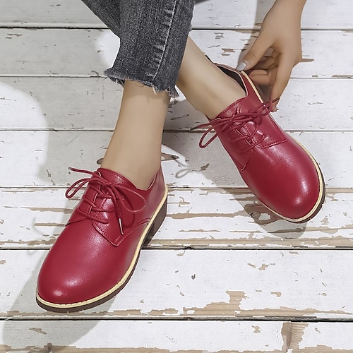 

Women's Oxfords Daily Block Heel Round Toe Casual Minimalism PU Leather Lace-up Solid Colored Black Red