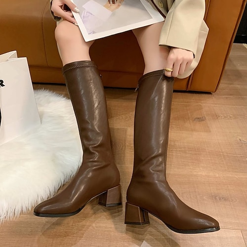 

Women's Boots Daily Heel Boots Knee High Boots Winter Block Heel Square Toe Casual Minimalism Nappa Leather Zipper Black Khaki Brown