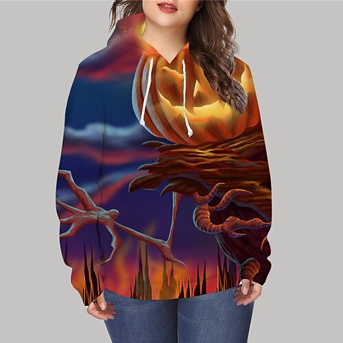 

Women's Plus Size Tops Hoodie Sweatshirt Pumpkin Print Long Sleeve Hooded Casual Halloween Halloween Vacation Polyester Fall Winter Blue