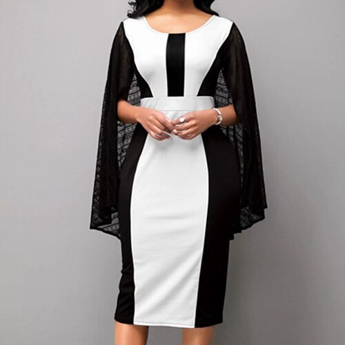 

Women's Sheath Dress Modern Dress Midi Dress Black Long Sleeve Color Block Lace Patchwork Fall Winter Round Neck Stylish Mature 2022 S M L XL XXL