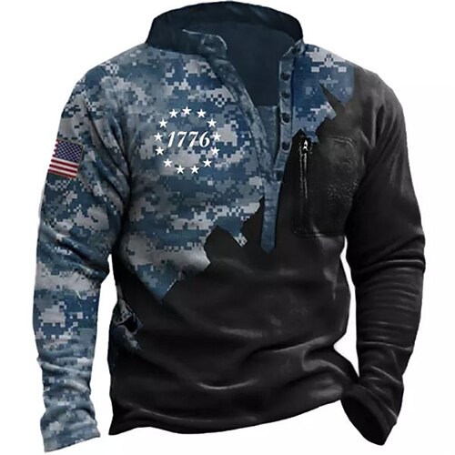 

Men's Unisex Sweatshirt Pullover Button Up Hoodie Blue Standing Collar Color Block Graphic Prints Camo / Camouflage Zipper Print Daily Sports Holiday 3D Print Streetwear Designer Casual Spring & Fall