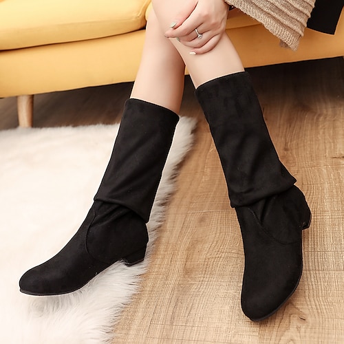 

Damen Stiefel Stiefel über Knie Winter Blockabsatz Runde Zehe Wildleder Halbschuhe Schwarz Rot Blau