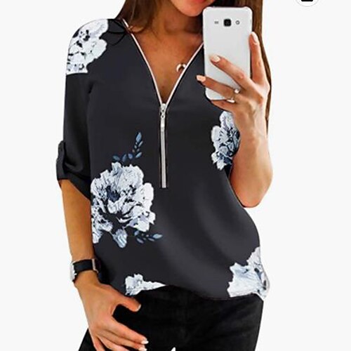 

Women's Blouse Shirt Blue Royal Blue Gray Graphic Floral Quarter Zip Print Long Sleeve Holiday Weekend Streetwear Casual V Neck Regular Floral S / 3D Print