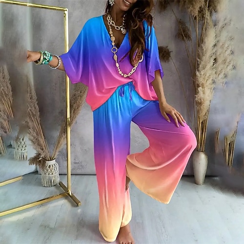 

Women's Loungewear Sets 2 Pieces Leopard Gradient Fashion Comfort Home Daily Vacation Polyester Breathable V Wire Long Pant T shirt Tee Pant Elastic Waist Winter Fall Blue Pink / Geometic