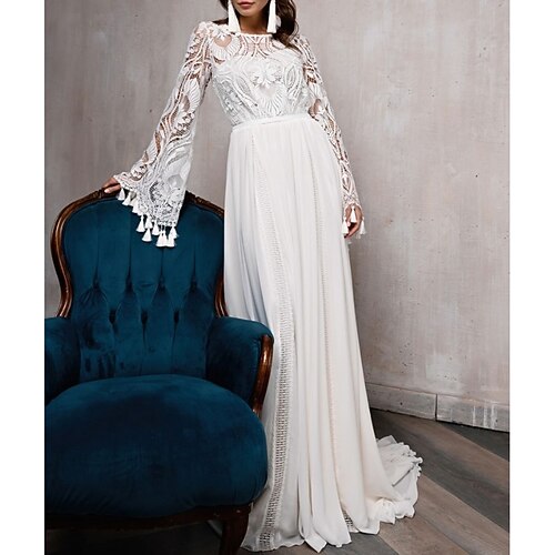 

A-Line Wedding Dresses Jewel Neck Court Train Chiffon Lace Long Sleeve Beach Boho Sexy with Appliques 2022