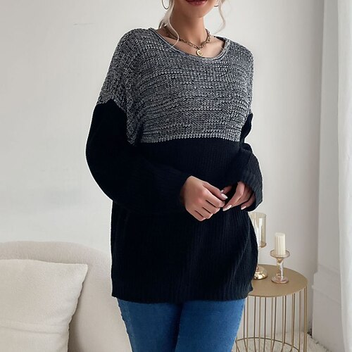 

Women's Pullover Sweater Jumper Ribbed Knit Knitted Patchwork Color Block Crew Neck Stylish Casual Daily Going out Fall Winter Black S M L / Long Sleeve