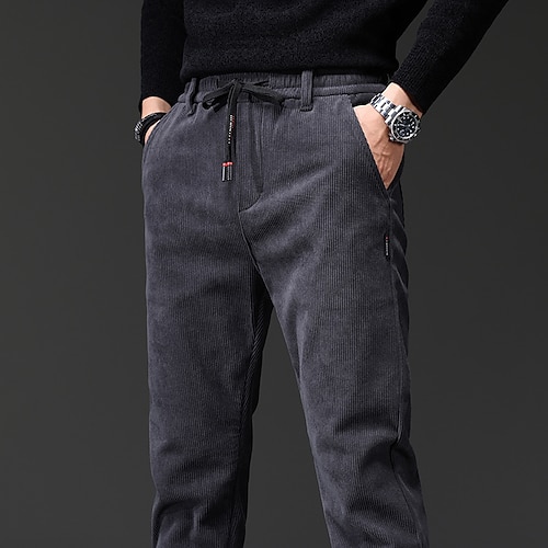 

Men's Trousers Winter Pants Corduroy Pants Drawstring Elastic Waist Straight Leg Solid Color Comfort Warm Casual Daily Streetwear Corduroy Sports Fashion Loose Fit Black Dark Gray Micro-elastic