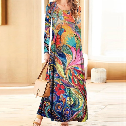 

Women's Casual Dress A Line Dress Maxi long Dress Rainbow Long Sleeve Floral Pocket Print Fall Winter V Neck Vacation Casual 2022 S M L XL XXL 3XL