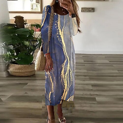 

Women's Casual Dress T Shirt Dress Tee Dress Midi Dress Blue Long Sleeve Color Gradient Print Fall Winter Crew Neck Vacation Casual 2022 S M L XL / 3D Print