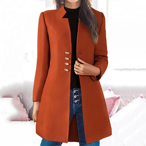 

Women's Winter Jacket Winter Coat Pea Coat Warm Breathable Outdoor Office Casual Daily Wear Button Buttoned Front Stand Collar OL Style Elegant Modern Solid Color Regular Fit Outerwear Long Sleeve