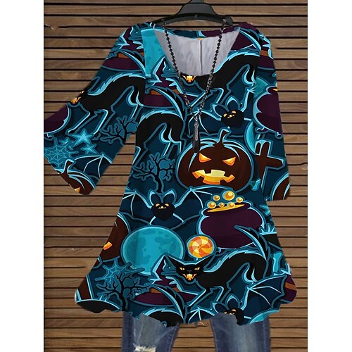 

Women's Plus Size Tops Blouse Shirt Floral Skull Print 3/4 Length Sleeve Crewneck Casual Halloween Halloween Daily Cotton Spandex Jersey Fall Winter Blue Royal Blue