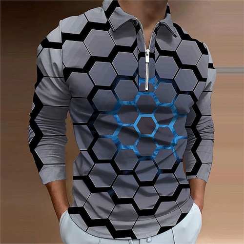 

Men's Collar Polo Shirt Golf Shirt Geometry Turndown Blue Orange Red 3D Print Outdoor Street Long Sleeve Zipper Print Clothing Apparel Fashion Designer Casual Breathable