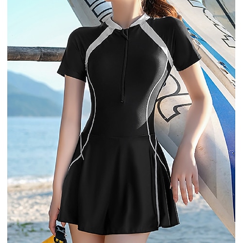 

Women's Swimwear Rash Guard Diving Plus Size Swimsuit Slim Solid Color Black Bodysuit High Neck Bathing Suits New Vacation Fashion / Sexy