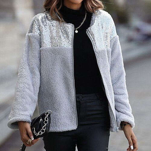 

Women's Sherpa jacket Windproof Warm Outdoor Street Daily Vacation Zipper Sequin Zipper Crewneck Modern Street Style Plush Solid Color Regular Fit Outerwear Long Sleeve Winter Fall Gray S M L XL