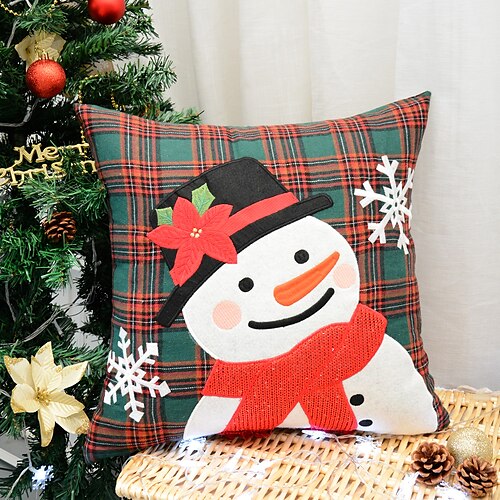 

Christmas Party Pillow Cover Embroidery Plaid Snowman Pompom Square Double Side Quality Pillow Case for Bedroom Livingroom Cushion Cover