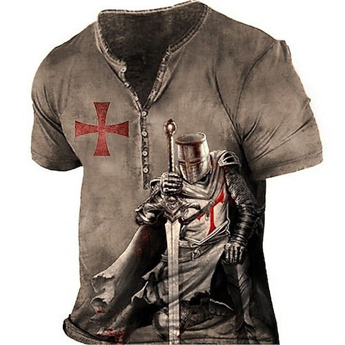 

Men's Henley Shirt T shirt Tee Tee Graphic Templar Cross Soldier Henley Brown 3D Print Plus Size Outdoor Daily Short Sleeve Button-Down Print Clothing Apparel Basic Designer Casual Big and Tall