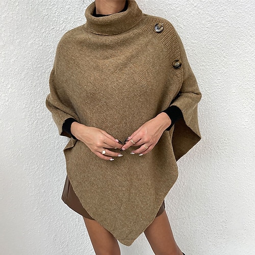 

Women's Poncho Sweater Jumper Ribbed Knit Tunic Button Knitted Pure Color Turtleneck Stylish Elegant Outdoor Daily Winter Fall Brown Gray S M L / Long Sleeve / Regular Fit / Going out
