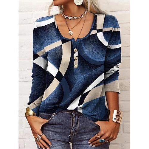 

Women's T shirt Tee Blue Geometric Print Long Sleeve Home Casual Basic Round Neck Regular Loose Fit Geometric S