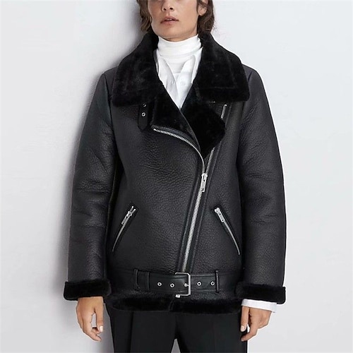 

Women's Faux Leather Jacket Windproof Warm Outdoor Street Daily Vacation Zipper Pocket With Belt Zipper Turndown Casual Street Style Solid Color Regular Fit Outerwear Long Sleeve Winter Fall Black