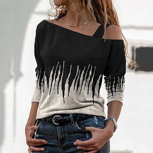 

Women's T shirt Tee Black Color Block Cut Out Cold Shoulder Long Sleeve Casual Weekend Basic Off Shoulder Regular Painting S