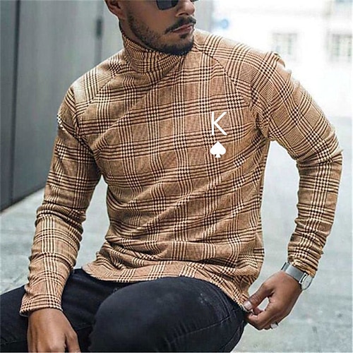 

Men's Unisex T shirt Tee Lattice Graphic Prints Poker Turtleneck Khaki 3D Print Outdoor Street Long Sleeve Print Clothing Apparel Basic Sports Casual Big and Tall