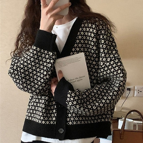 

Women's Cardigan Sweater Jumper Crochet Knit Knitted Floral V Neck Stylish Casual Outdoor Daily Winter Fall Black One-Size / Long Sleeve / Holiday / Regular Fit / Going out