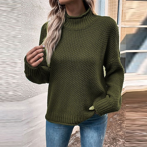 

Women's Pullover Sweater jumper Jumper Waffle Knit Knitted Pure Color Stand Collar Stylish Casual Outdoor Daily Winter Fall Army Green Khaki S M L / Long Sleeve / Regular Fit / Going out