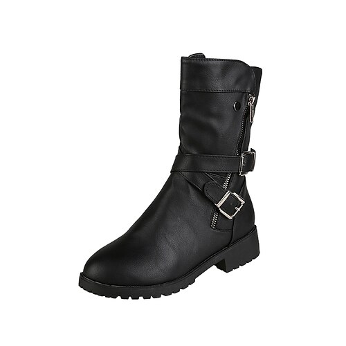 

Women's Boots Combat Boots Booties Ankle Boots Winter Block Heel Round Toe PU Leather Buckle Solid Colored Black Red