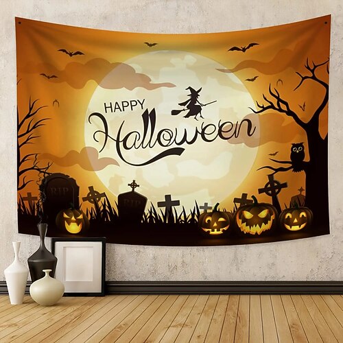 

Halloween Party Wall Tapestry Art Decor Blanket Curtain Hanging Home Bedroom Living Room Decoration Polyester Pumpkin Witch Bat Graveyard