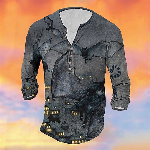 

Men's T shirt Tee Henley Shirt Tee Graphic Bat Henley Gray 3D Print Plus Size Outdoor Halloween Long Sleeve Button-Down Print Clothing Apparel Basic Designer Classic Comfortable