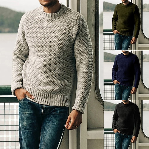 

Homens Suéter Pulôver suéter Estriado Tricotar Cropped Tricotado Côr Sólida Gola Redonda Básico à moda Ao ar livre Diário Roupa Inverno Outono Preto Verde Tropa S M L