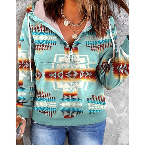 

Women's Plus Size Tops Hoodie Sweatshirt Geometry Zipper Print Long Sleeve Hooded Vintage Casual Daily Going out Polyester Fall Winter LightBlue