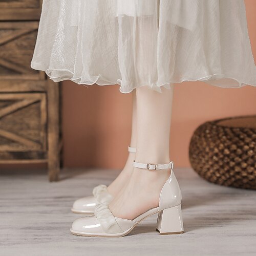 

Women's Heels Mary Jane Chunky Heel Round Toe Elegant Sweet Daily Office PU Leather Buckle Fall Spring Black Beige