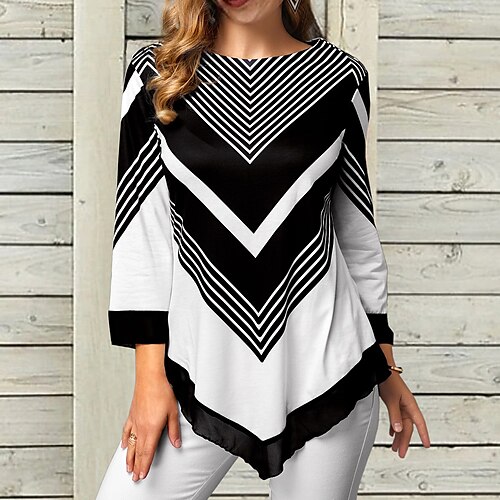 

Women's T shirt Tee Striped Casual Weekend Painting T shirt Tee Long Sleeve Round Neck Basic Black S / 3D Print