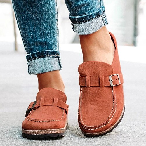 

Women's Mules Loafer Mules Buckle Flat Heel Round Toe Daily Suede Loafer Summer Solid Colored Brown