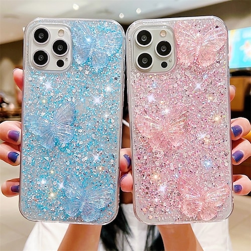 

telefon Etui Til Apple Bakdeksel iPhone 14 Pro Max Plus 13 12 11 Mini X XR XS 8 7 Glitter anti-dråpe Myke kanter Sommerfugl Glitter TPU