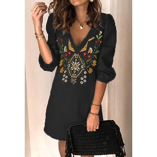 

Women's A Line Dress Knee Length Dress Black Half Sleeve Floral Ruched Print Fall Winter V Neck Casual Modern 2022 S M L XL 2XL 3XL
