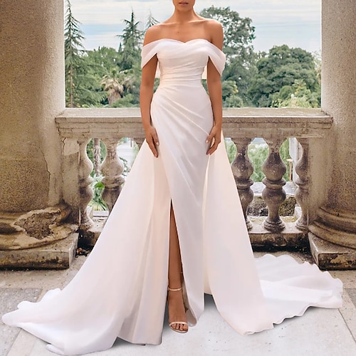 

Mermaid / Trumpet Wedding Dresses Off Shoulder Court Train Detachable Satin Organza Sleeveless Simple Sexy Backless with Split Front Side-Draped 2022